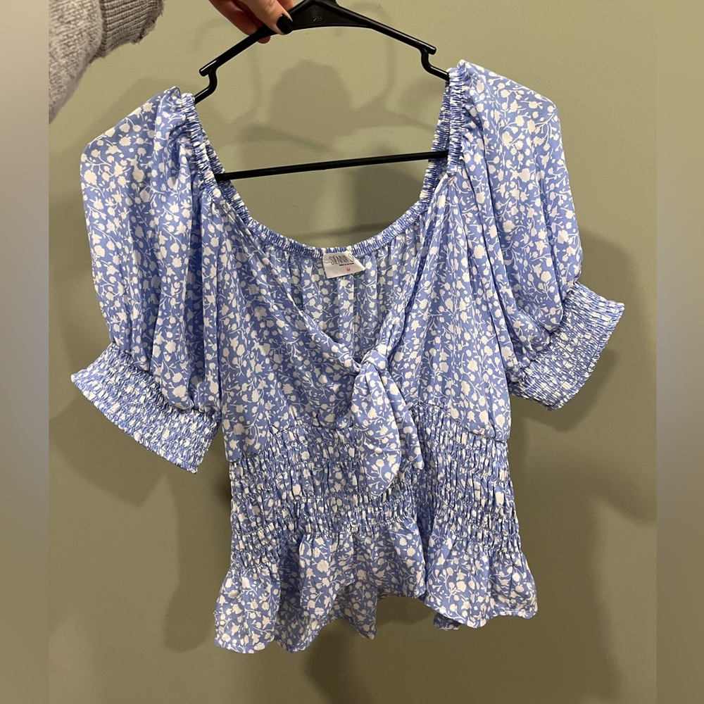 Blue and white floral off the shoulder top